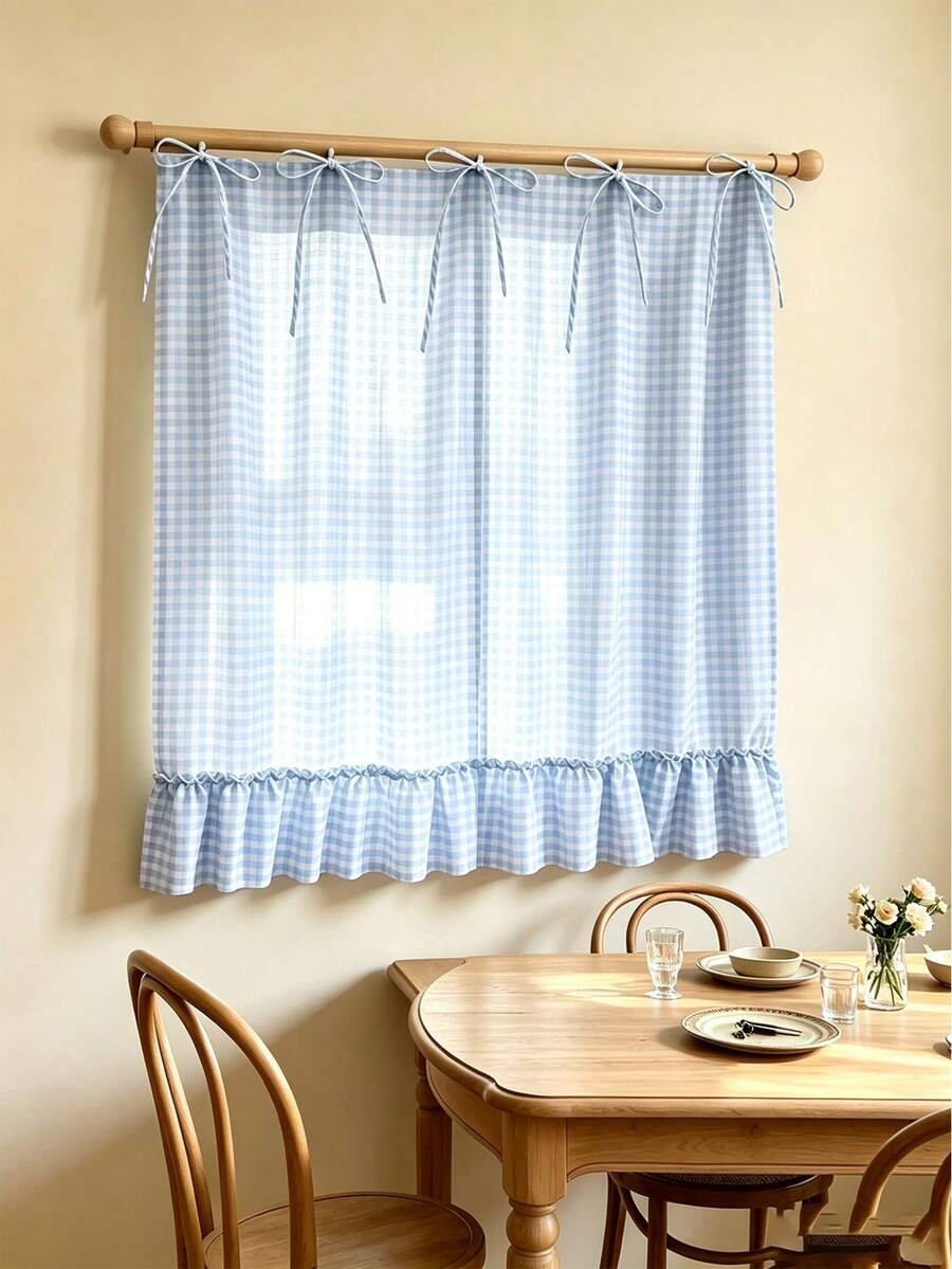 1pc Green And White Plaid Short Curtain, Fresh Vintage Polyester Fiber Rectangular Tie-Up Pleated Lace Trim Dust-Proof Curtain Suitable For Kitchen Window, Oven, Cabinet, Daily Home Use, Spring/Summer, Back To School, School Supplies, Dorm Decor, College Decor - Blue - View 1