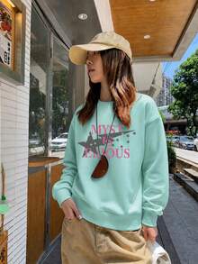 Niche American Style Star & Letter Print Design Sweatshirt For Women, Casual Sporty Versatile, Autumn/Winter Crew Neck Long Sleeve Top - Mint Green - View 4