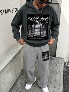 2pcs Set Suitable For Teenage Boys, Hooded Sweatshirt And Wide Leg Pants Outfit, Printed With American Vacation Style Black And White Beach Scene Coconut Tree Print Hooded Sweatshirt And Wide Leg Pants Matching Set, Suitable For Autumn/Winter Daily Wear - Multicolor - View 1