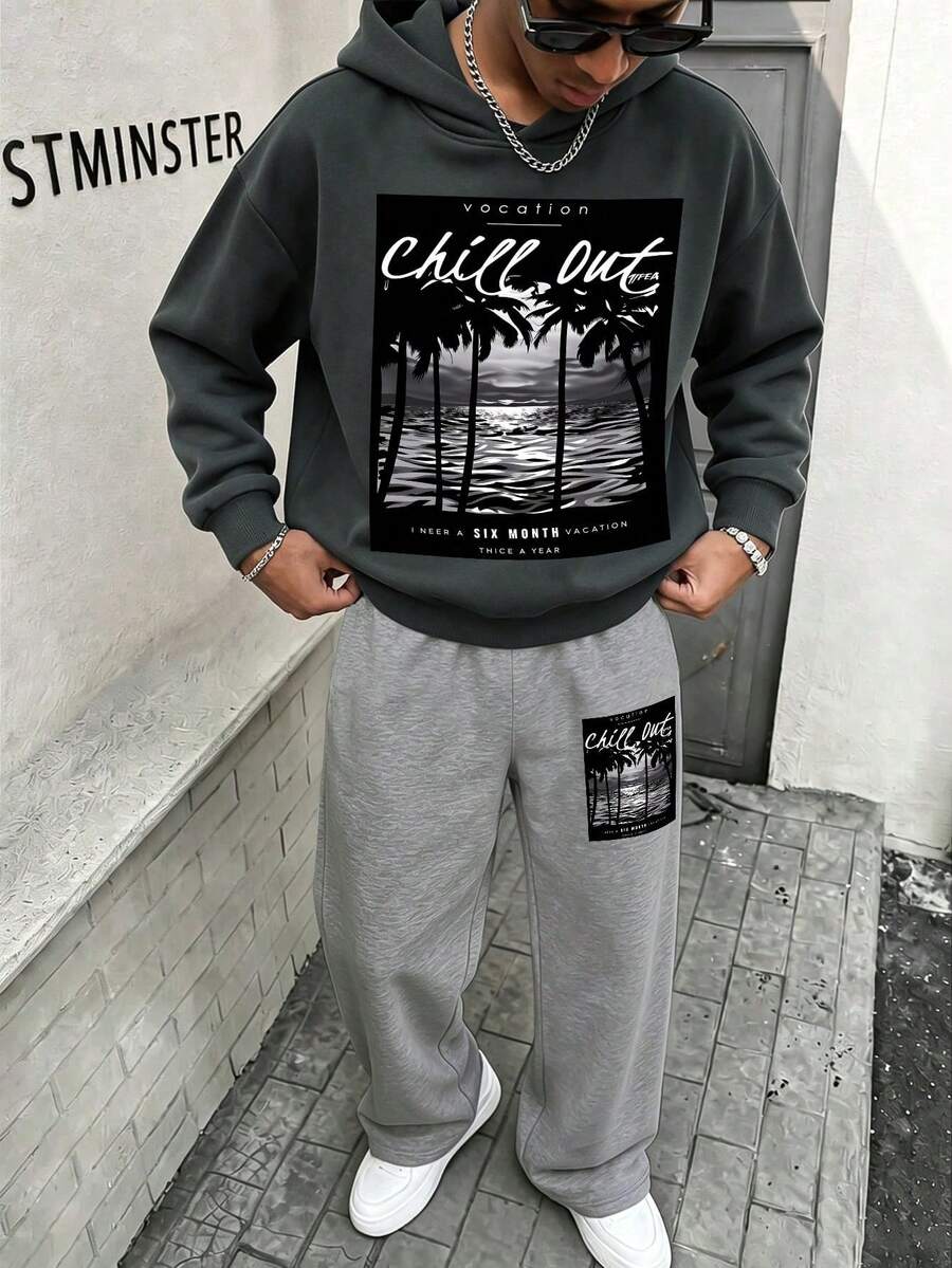 2pcs Set Suitable For Teenage Boys, Hooded Sweatshirt And Wide Leg Pants Outfit, Printed With American Vacation Style Black And White Beach Scene Coconut Tree Print Hooded Sweatshirt And Wide Leg Pants Matching Set, Suitable For Autumn/Winter Daily Wear - Multicolor - View 1