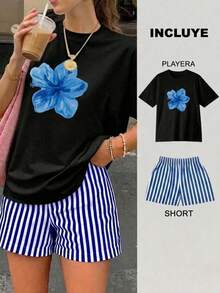 2 Playera Negra con Short Rayas Azul Marino con Blanco