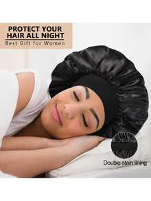1pc Silk Sleep Cap, Women's Double Layer Satin Lining, Soft Elastic Band, Suitable For Curly Hair Sleep Wear - A - View 6