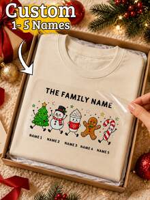 Desain Transfer Doodle Natal Kustom, Nama Keluarga yang Dipersonalisasi, Grafik Pohon Natal, Manusia Salju, Kue Jahe, dan Permen Tongkat yang Meriah, Dekorasi Kaos Liburan yang Disesuaikan, Gaya Pesta Natal dengan 1-5 Nama yang Dapat Disesuaikan, Hadiah Natal Keluarga, Desain Kaos Natal - Gaya B - View 1