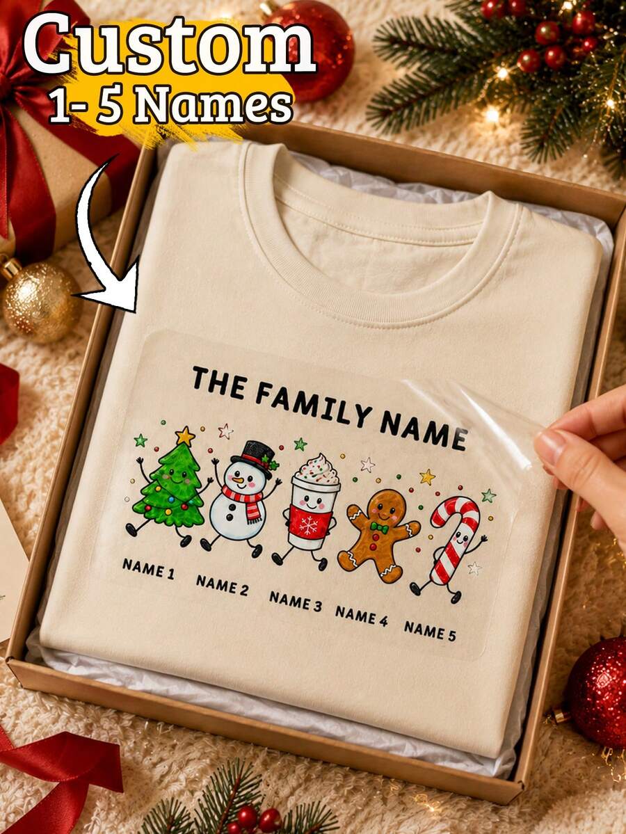 Desain Transfer Doodle Natal Kustom, Nama Keluarga yang Dipersonalisasi, Grafik Pohon Natal, Manusia Salju, Kue Jahe, dan Permen Tongkat yang Meriah, Dekorasi Kaos Liburan yang Disesuaikan, Gaya Pesta Natal dengan 1-5 Nama yang Dapat Disesuaikan, Hadiah Natal Keluarga, Desain Kaos Natal - Gaya B - View 1