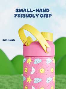 Powcan 12oz Kids Stainless Steel Water Bottle: 2-In-1 Straw & Spout Lid, Leak-Proof Mug With Carrying Bag, 24-Hour Cold Retention, Easy To Clean, Suitable For School, Travel, Play, Gift - Pink Yellow Sky - View 5