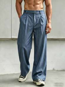 Japanese Style Textured Denim Effect Trousers Men's Loose Wide Leg Straight Leg Pants Mature Versatile Casual Long Pants - Blue - View 3
