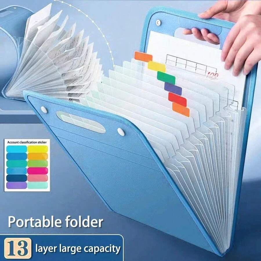 A4 Vertical 13-Pocket Storage Folder - Thickened Semi-Transparent PP Material, Suitable For School/Office - Test Papers And Document Storage, Back To School Essential, Random Sticker Color - A - View 1