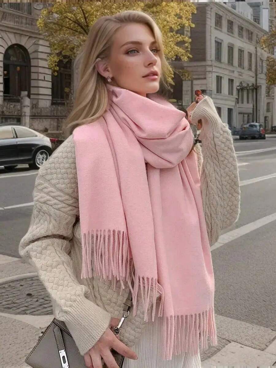 1pc Women's Casual Solid Color Cashmere Scarf, Suitable For Winter Morning And Evening Outings, Warm And Protective - Bright Pink - View 1
