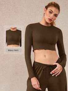 NcmRyu Women's 1pc Solid Color Frill Trim Round Neck Cropped Slim Fit Long Sleeve Sports Top, Autumn/Winter - Brown - View 1