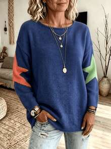 Plus Size Women Star Pattern Knit Sweater, Fall Winter Boat Neck Long Sleeve Color Block Loose Casual Pullover Top - Navy Blue - View 4