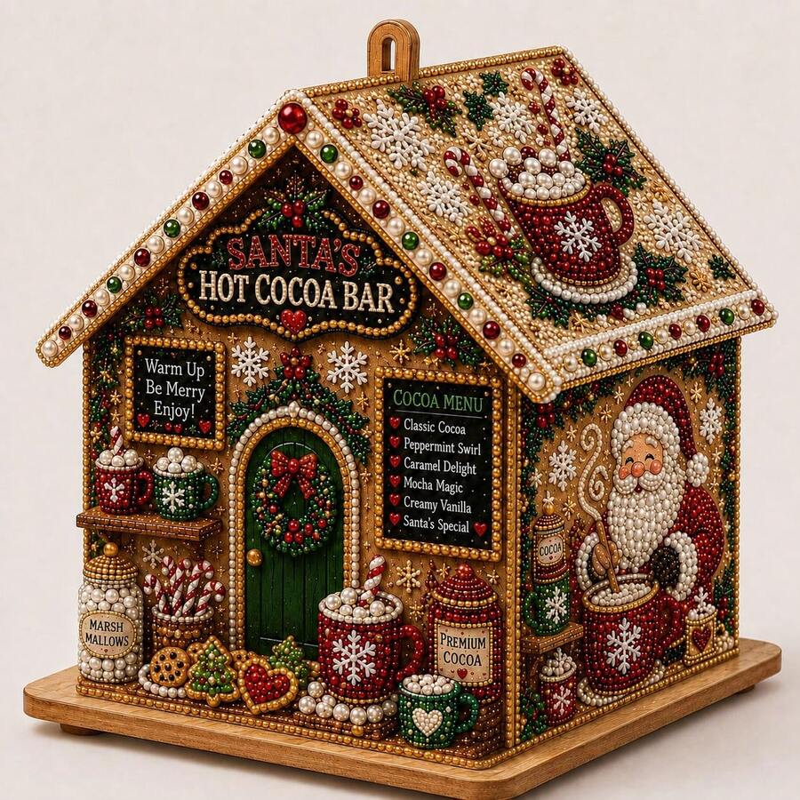 3D Wooden Christmas House Diamond Art Kit, Pearl Rhinestone DIY Ornament