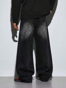 Modcrash Men's Fashion Street Style Embroidered Wide Leg Jeans, Loose & Comfortable, Versatile For All Seasons (Belt Or Accessories Not Included) Wide Leg Fall/Autumn/Winter - Black - View 2