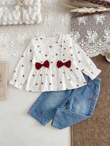 Baby Girls Sweet Cute Bow Lace Doll Top With Korean Style Gentle Niche Red Cherry Embroidery Minimalist Versatile Jeans, Comfortable For Autumn/Winter Layering And Outerwear - Multicolor - View 8