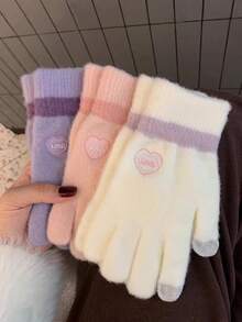 Girl Style Heart Embroidery Touchscreen Knit Gloves, Unisex Autumn/Winter Colorblock Soft Thick Warm Fingerless Gloves For Daily Outdoor Cycling Commuting Cold Protection Wrist Guard - Multicolor - View 6