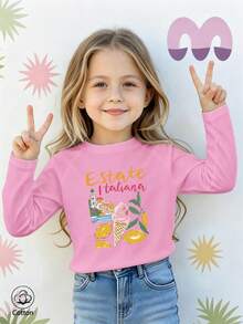 Girls Cotton Raglan Long Sleeve Tee For Fall Winter, Cartoon Ice Cream Lemon Print, Sweet Preppy School Style - Light Wine Red - View 2