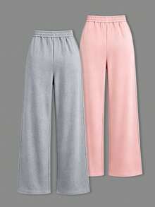 2pcs Girls Straight Leg Casual Sports Pants, Cute Cat, Bow And Milk Pattern, Comfortable Autumn/Winter New Fashion Long Pants - Multicolor - View 3