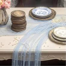 5pcs Pearl Gauze Table Runner 70*200/300cm 27.6*78.7/118.11inch Pearl Transparent Tulle Tablecloth Centerpiece Decor Suitable For Home, Wedding, Birthday Party, Bridal Shower, Baby Shower, Gift Holiday, Restaurant Decoration And Other Decorative Scenes - Blue - View 5