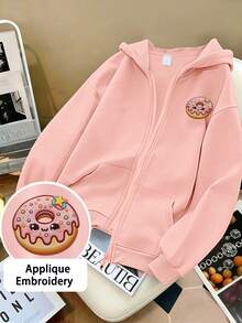Cute Sweet Style Girls' Full Zip Hooded Sweatshirt Jacket, Donut Patch Embroidery Loose Fit Hooded Jacket, Spring/Autumn - Pink - View 1