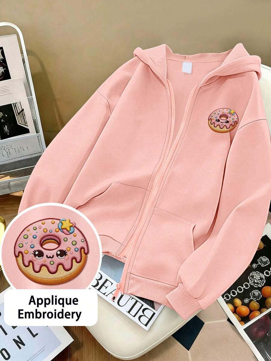 Cute Sweet Style Girls' Full Zip Hooded Sweatshirt Jacket, Donut Patch Embroidery Loose Fit Hooded Jacket, Spring/Autumn - Pink - View 1