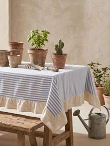1pc Fresh Blue Striped Ruffle Edge Tablecloth, American Country Style Simple Decorative Dining Table Cloth, Rectangular Coffee Table TV Cabinet Entryway Multi-Functional Cover, Suitable For Holiday Party Birthday Party Wedding Dinner Table Decoration Room Decoration Office Desk Coffee Table Mat Outdoor Picnic Mat Home Decor Room Decoration All Season - Navy Blue - View 6