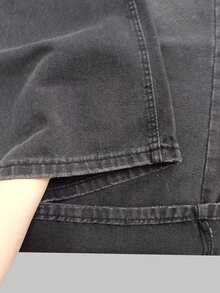 1pc Justice Brother Vintage Washed Loose Fit Wide Leg Jeans, Casual & Couple Style (Distressed Hem) - Black - View 10