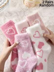 2/4 Pairs White And Pink Fuzzy Women's Mid-Calf Socks, Heart Pattern Warm Socks, Soft And Comfortable, Random Color - Multicolor - View 6
