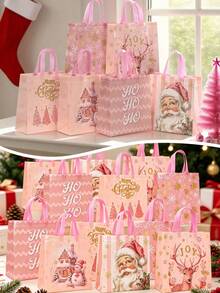 2Pcs-Pink Christmas Non-Woven Gift Bags-Christmas Party Gift Bags With Handles, Featuring Designs Of Santa Claus, Snowmen, Reindeer, And Gingerbread Houses, With A "Ho Ho Ho" Tag; Perfect For Birthdays, Holiday Decorations, And Candy Bags - Multiple Styles - View 1