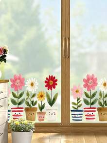 1pc Removable Reusable Static Window Sticker, PVC Material, Cute Cartoon Potted Flower Window Decal, Hand‑Painted Fresh Style, No Glue Easy To Apply, Vibrant Color Plant Pot Pattern For Home Glass Window Decor - Small Flower Pot - View 5