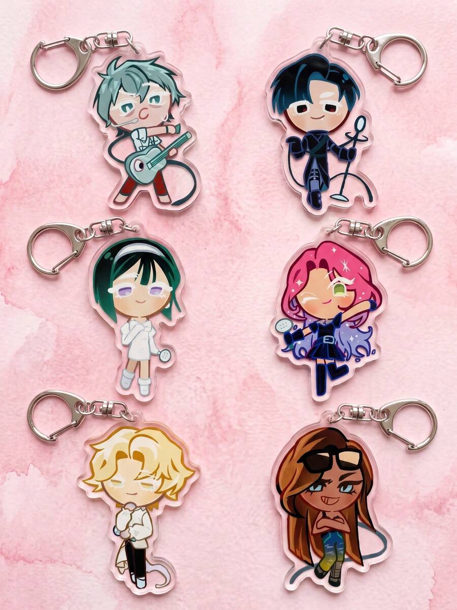 6pcs Alien Stage Anime Themed Acrylic Keychains, Featuring Chibi Cookie Style Members And Stage Instrument Designs, Fashionable Bag Charms, Suitable For Back To School, Gift For K-Pop Fans, Exquisite Collection, All Season - Multicolor - View 1