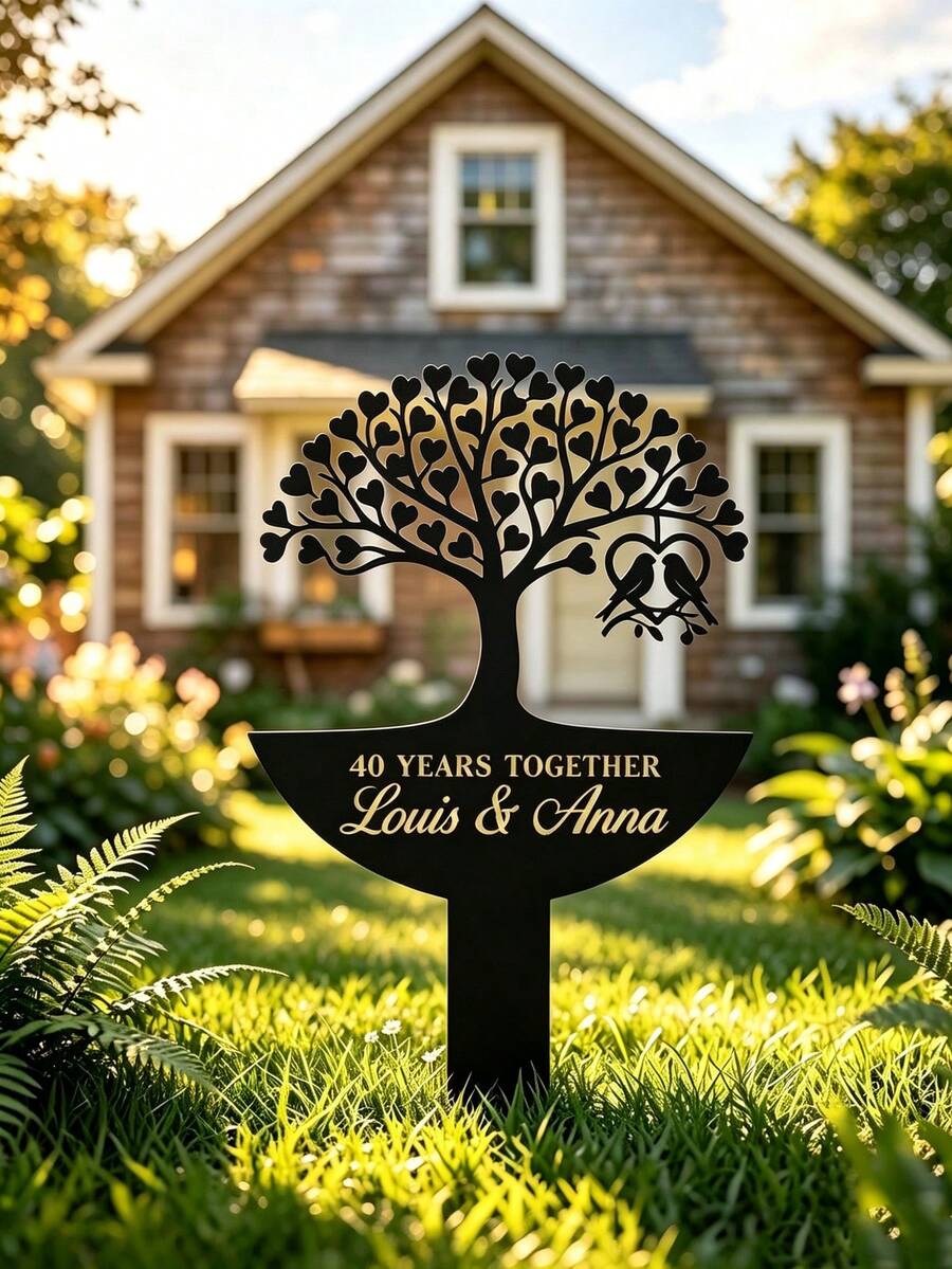 1pc Personalized Anniversary Metal Garden Stake, Tree Of Life Backyard Decor, Custom Wedding Anniversary Plaque, Lawn Garden Decoration, Gardening Decor - Black - View 1