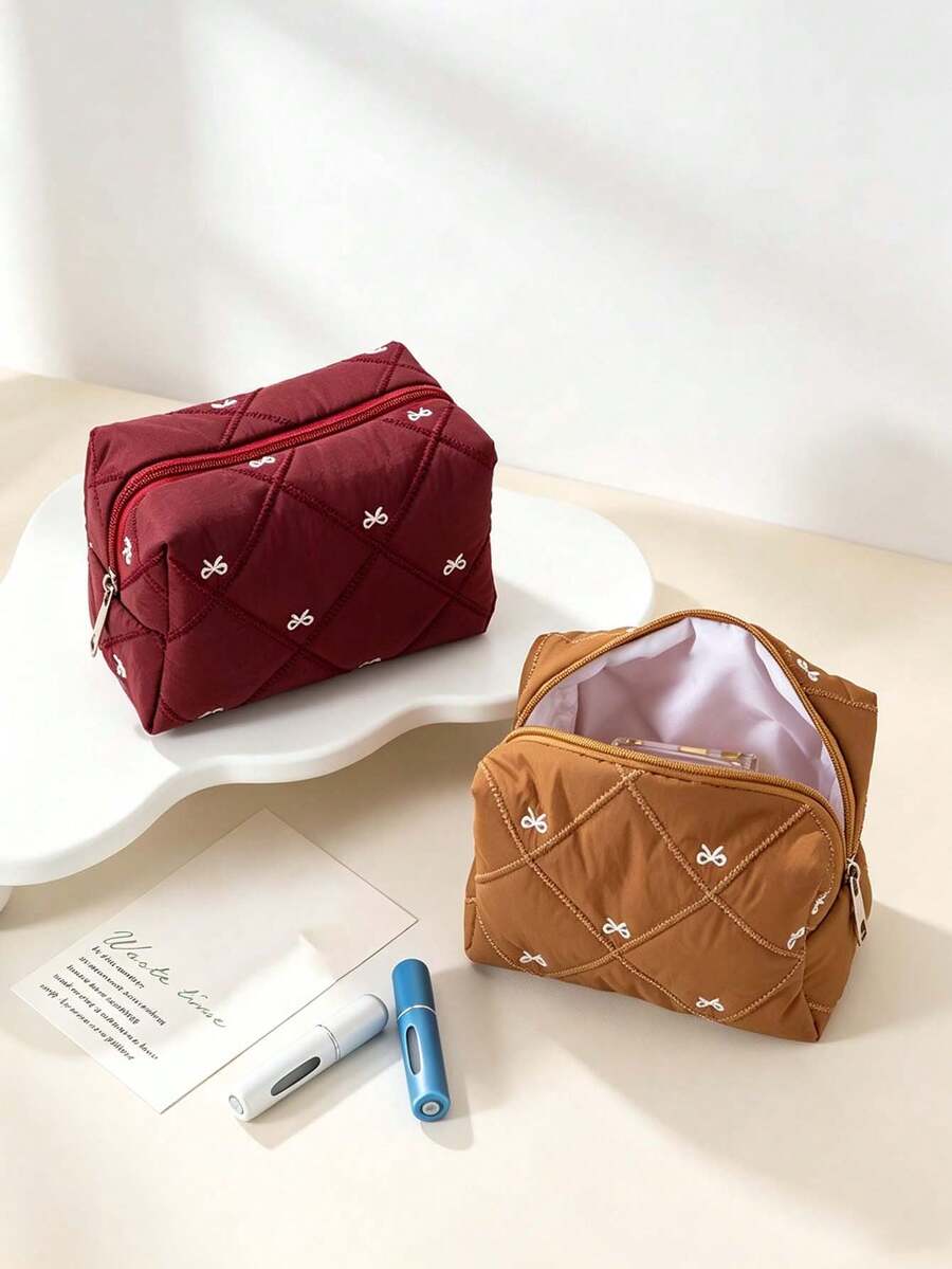 1pc/2pcsChic Style Quilted Cosmetic Pouch, Rectangular Box‑Shaped, Diamond Stitching With Bow Embroidery Detail, Zipper Closure, Cosmetic Storage, Travel Toiletry Bag, Suitable For Daily Makeup Organizing, Weekend Trip, Business Travel, All Season - Multicolor - View 1
