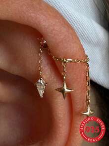 EleRunis 1pc 925 Sterling Silver Star Shaped Ear Cartilage Earring Chain Pendant Oval Shaped Ear Stud Exquisite Jewelry, Suitable For Daily Wear And Party - Silver - View 1