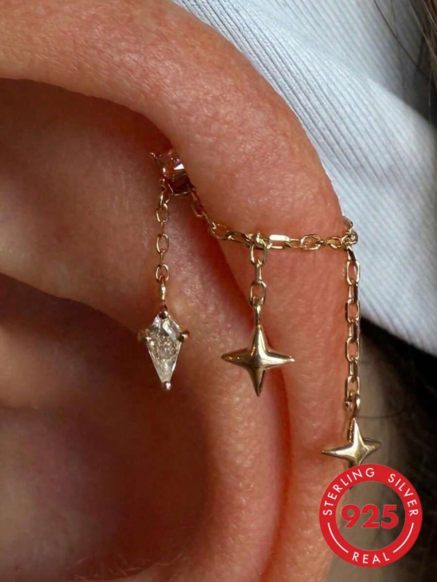 EleRunis 1pc 925 Sterling Silver Star Shaped Ear Cartilage Earring Chain Pendant Oval Shaped Ear Stud Exquisite Jewelry, Suitable For Daily Wear And Party - Silver - View 1