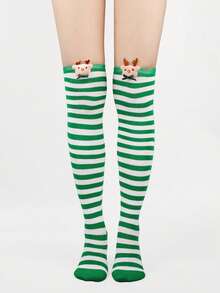 4/3/1 Pairs Christmas Striped Solid Color Bow Pom Pom Deer Head Green Red Cute Holiday Over Knee Thigh High Socks - Multicolor - View 18