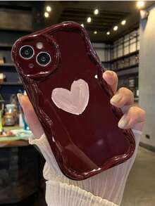 1pc Graffiti Heart Pattern Phone Case Compatible With IPhone 15 Pro Max, New Apple 14 Plus Milk Texture Creative Personalized - Burgundy - View 3