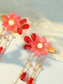 2pcs Hanfu Hair Clips With Pomegranate Flower And Tassel, Cute And Sweet Style, Gift For Women, Suitable For Daily Casual Outings And Matching - Red - View 5