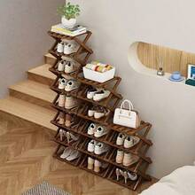 1pc Bamboo Minimalist No-Assembly Folding Shoe Rack, Entryway Storage Shelf, Multi-Layer Options, Suitable For Small Rooms And Student Dorms - Brown - View 6