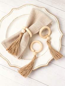 1-24pcs Wooden Tassel Napkin Rings, Bohemian Rustic Style Napkin Holders, Daily Table Decor, Suitable For Christmas Holidays, Thanksgiving Feast, New Year Celebration, Wedding Reception, Dinner Party Table Setting, Holiday Home Kitchen Decoration - Multicolor - View 9