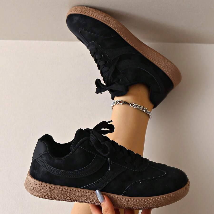 Women's Fashion Sports Shoes, Retro Style Classic Lace-Up Design, Running And Walking Shoes, Excellent Running Shoes, All-Season Wearable Sneakers - Black - View 1