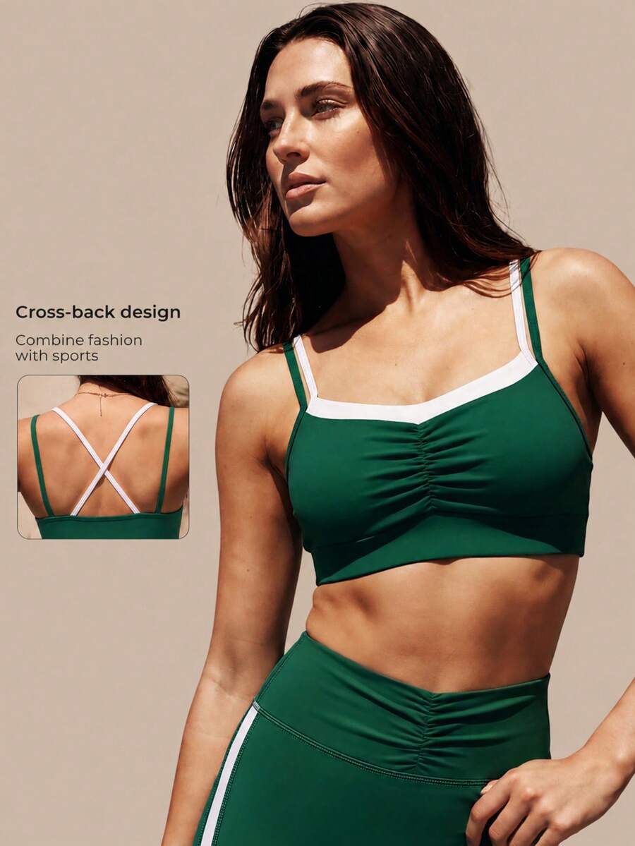 Set Bra Olahraga Wanita untuk Kebugaran, Bantalan yang Dapat Dilepas, Bagian Belakang Silang, 2 in 1, Trim Kontras, Bagian Dada Berkerut, Tali Bahu Tipis, Pakaian Olahraga Yoga dan Kebugaran - Hijau - View 1