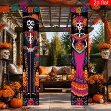 2pcs Mexican Day Of The Dead Porch Banner, Polyester Material, Skull Flower Candle Paper Cut Style Triangular Flag Design, Indoor/Outdoor Use, Home Decor, Front Porch Yard Decoration, Day Of The Dead Party Gathering Decoration - A - View 6