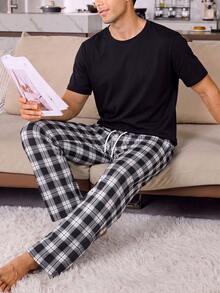 Men's Summer Crew Neck Casual T-Shirt And Casual Long Pants Loungewear Set - Black - View 3