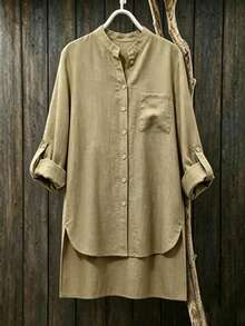 Women's Autumn Khaki Woven Long Sleeve Shirt, Roll-Up Sleeves, Stand Collar, Button Front - Camel - View 3