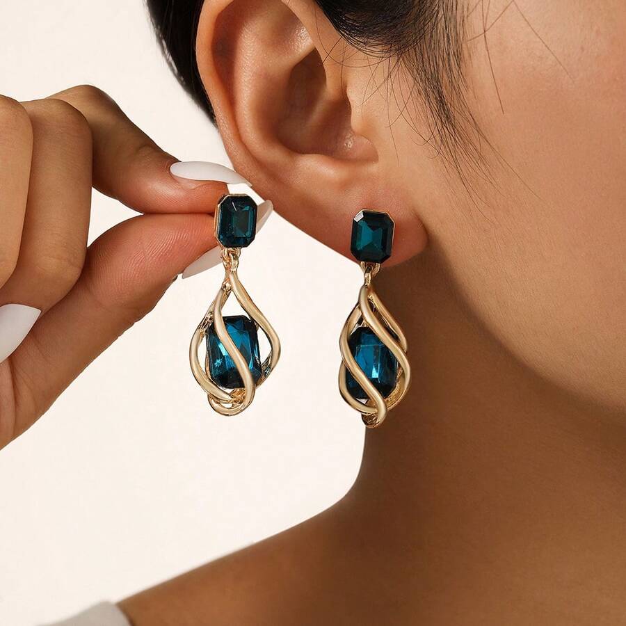 Dellgoo 2pcs Gold Fashion Geometric Navy Blue Sapphire Earrings For Women - Ink Blue - View 1
