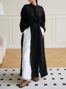 Women's Minimalist Casual Stand Collar Long Sleeve High Slit Robe Top, Solid Color Front Button Waist Tie High Slit To Thigh, Daily Wear And Dating - Black - View 6