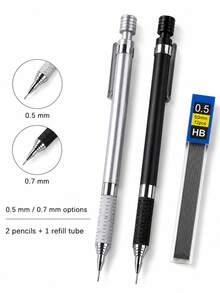 14pcs Automatic Pencil Set, Includes 2 Black And White Automatic Pencils, 1 Tube Of 12 Replacement Leads, 0.5mm/0.7mm Thick, Embossed Handle, Smooth Writing And Drawing Stationery Tool - Sets - View 11