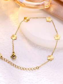 1pc 9mm Stainless Steel Luxury Fashion 18K Gold Plated Five-Leaf Flower Mini Bracelet For Women, Delicate Daily Wear Gift - Floral Bracelet - View 3