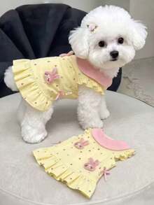 1pc Pet Dog Clothes Spring/Autumn Sweet Cute Flutter Sleeve Princess Dress For Teddy Bichon Pomeranian Small/Medium Dogs, Dog Flutter Sleeve Lace Princess Dress For Teddy Bichon Small Dogs, Stylish 3D Cute Rabbit Dress - Yellow - View 3