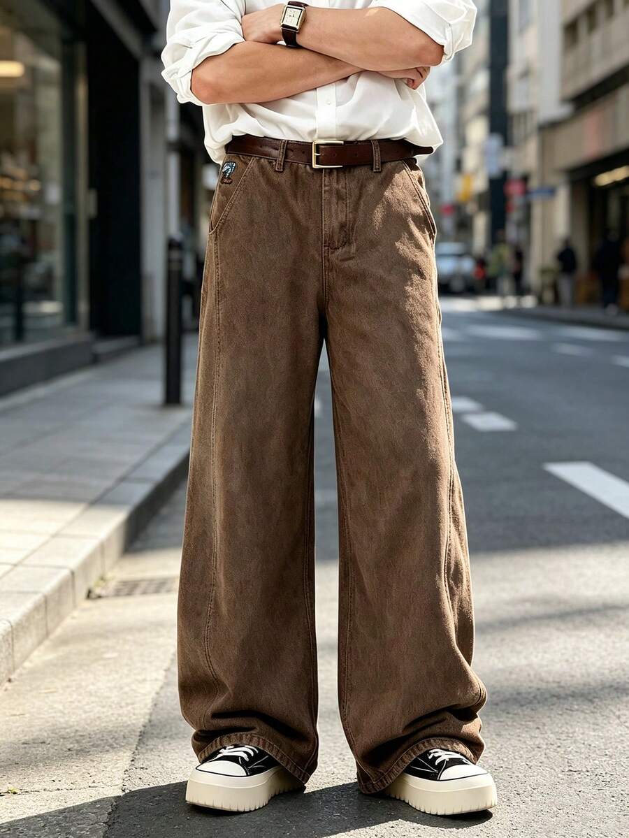 1pc Retro American Style Men's Loose Fit Wide Leg Brown Jeans, Cartoon Elephant Embroidery, Unisex (Belt And Accessories Not Included)