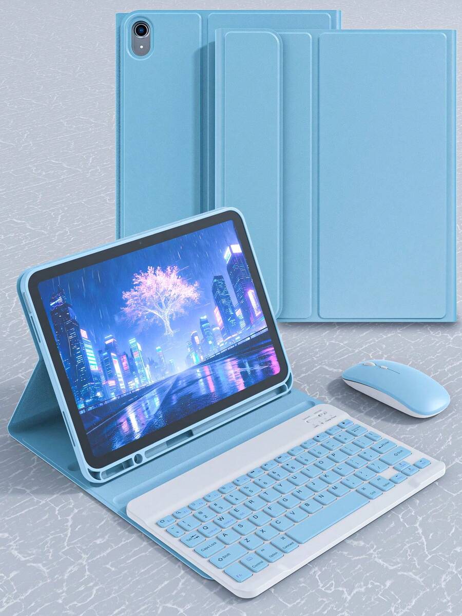 (A16) 11吋 11代 2025 可拆卸無線藍牙鍵盤滑鼠保護殼,相容 iPad 10代 10.2吋、7代、8代、9代、Air 4/5/6,附筆槽,淺藍色 - 淺藍色 - 查看 1